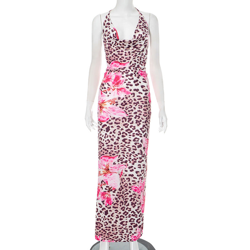 Women's Chic Flower Leopard Print V-neck Low Back Slim Long Dress 7