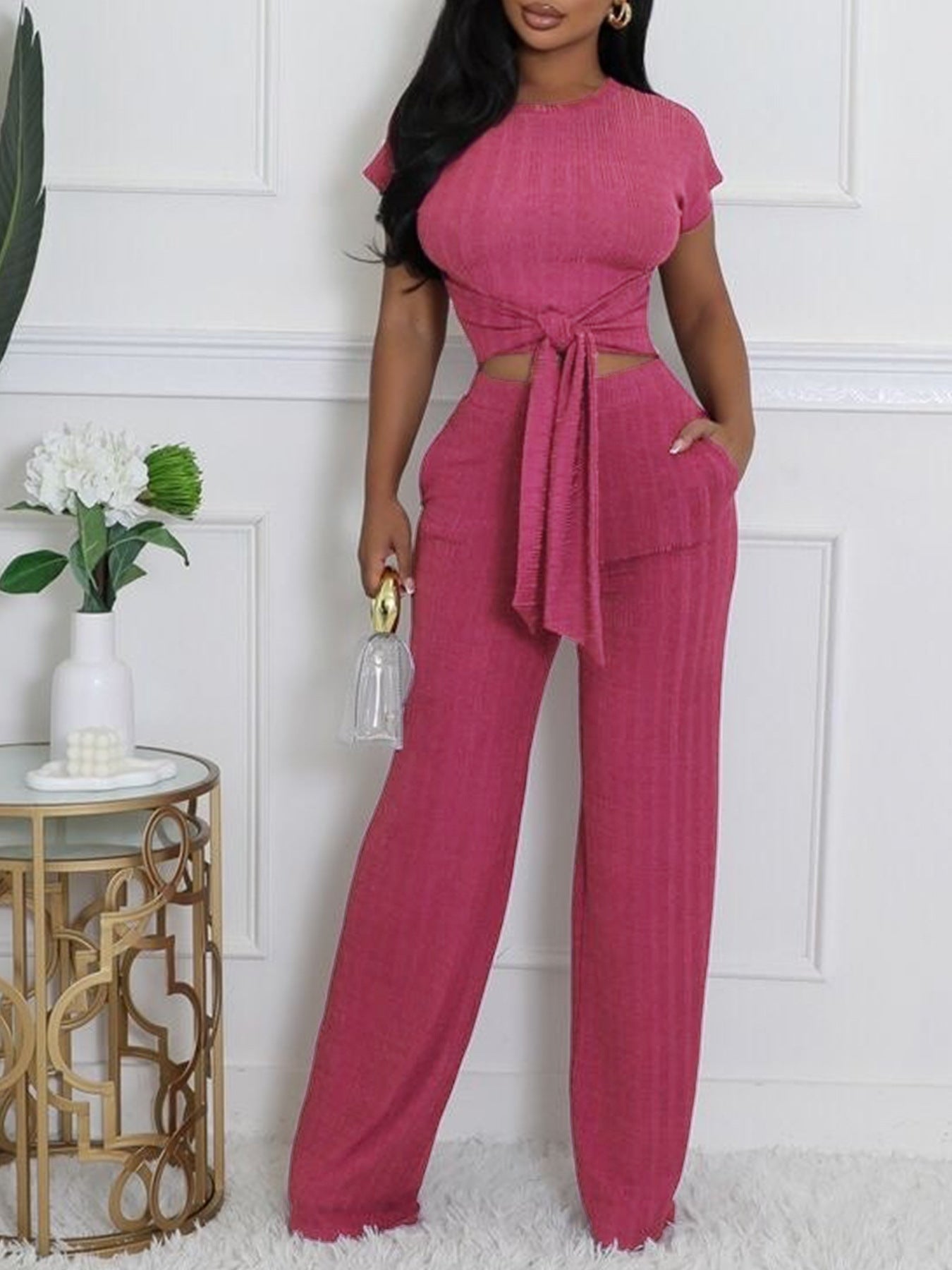 Women Round Neck Short Sleeve Top Casual Pants Two-Piece Set 3