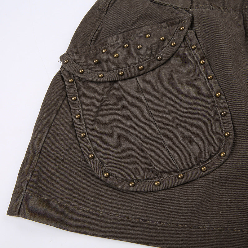 Women Beauty Street Retro Rivets Pockets Denim Skirt 14