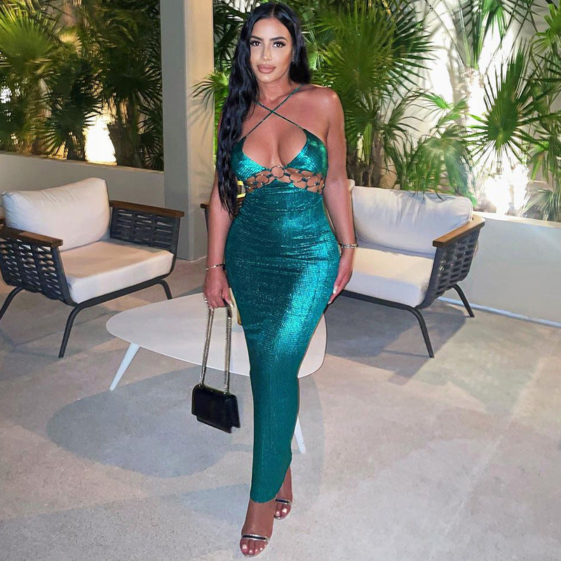 Women's Winter Sexy Hollow Low Back Slim Strap Long Dress