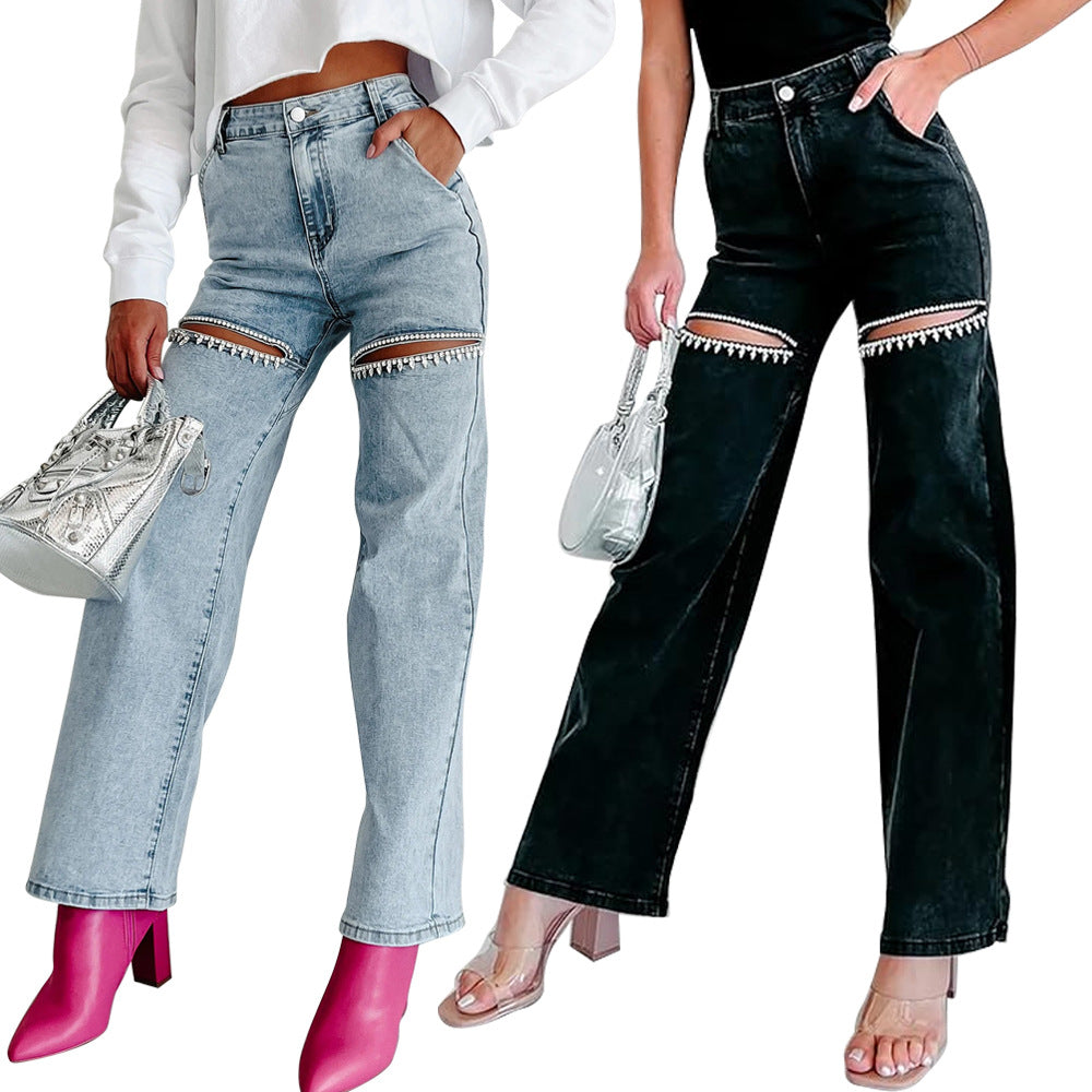 Fashion Women's Washed Multi-Pocket Hollow Diamond Washed Denim Pants 8