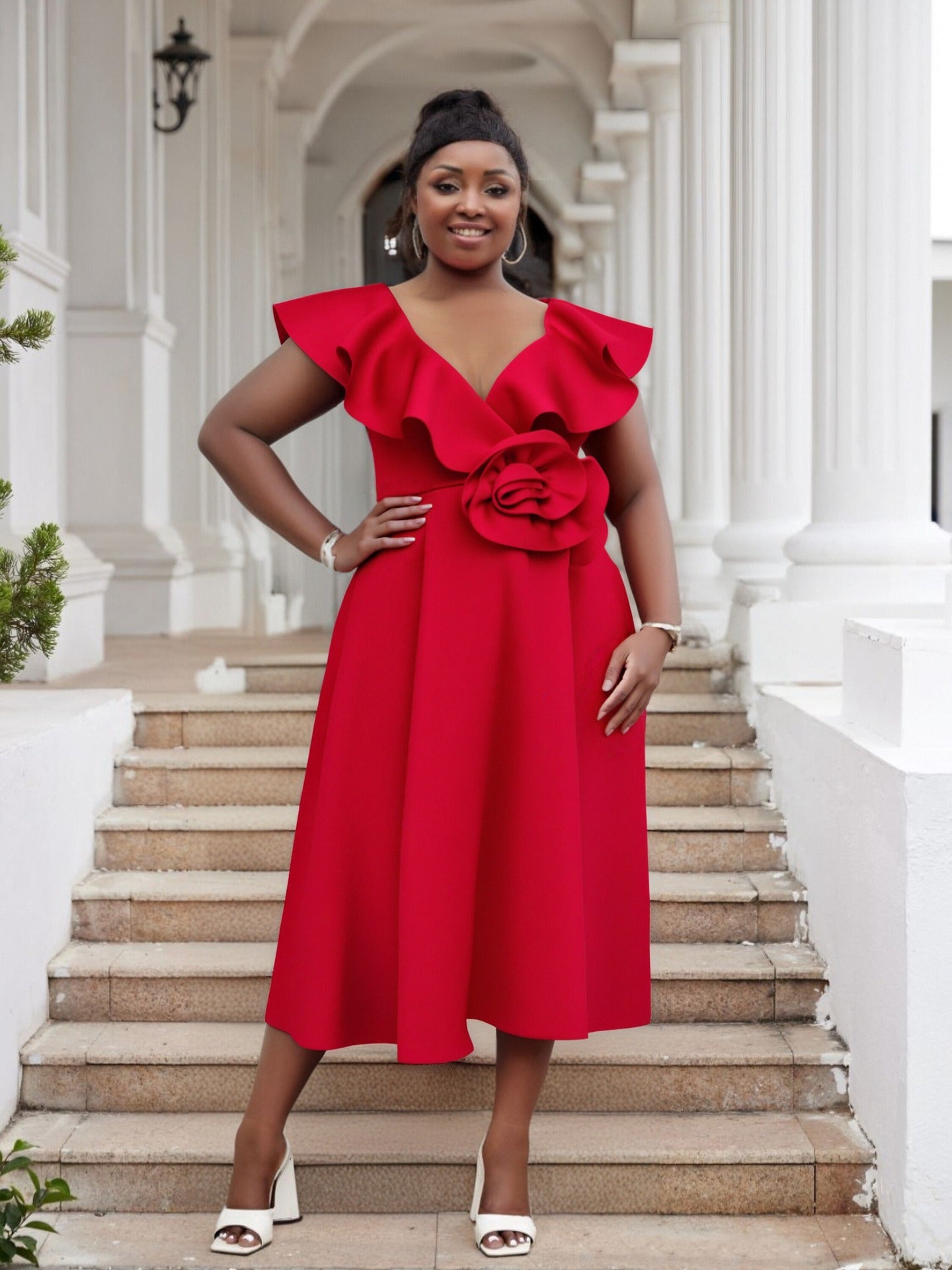 Women Plus Size V-Neck Ruffle Flower Formal Party Dress 10