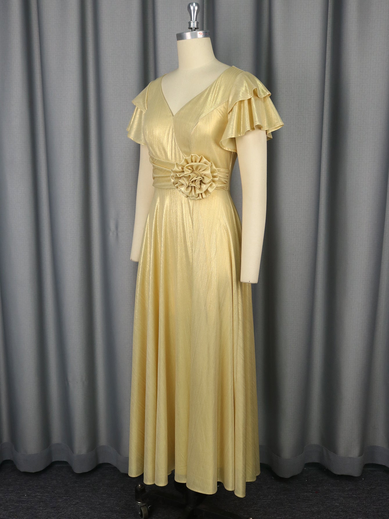 Sexy V-Neck Ruffle-Sleeve Party Dress Chic High-Waist Gold Evening Gown 5