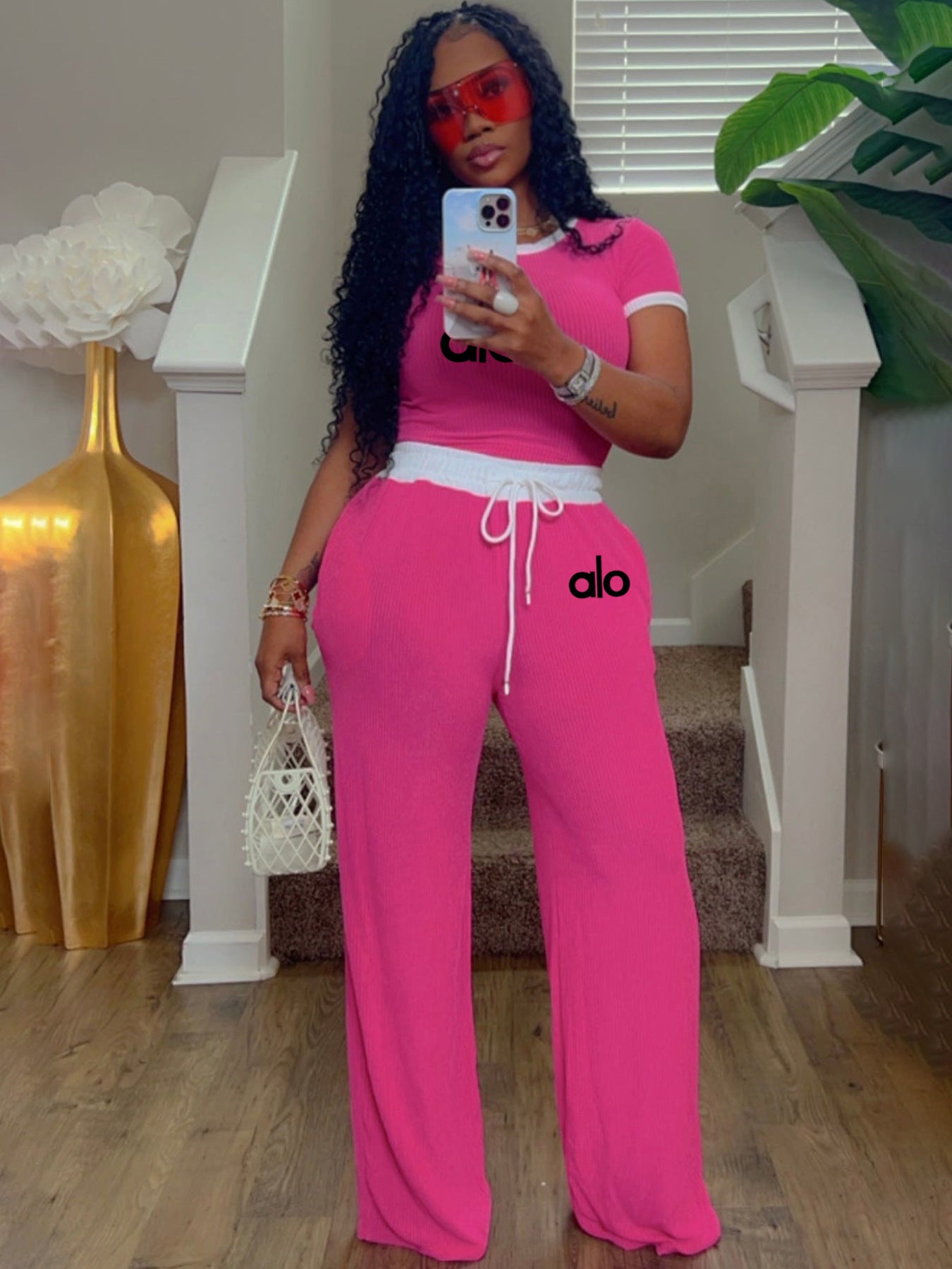 Women's Casual Street Rib Contrast Round Neck Short-Sleeve Two-Piece Pants Set 5