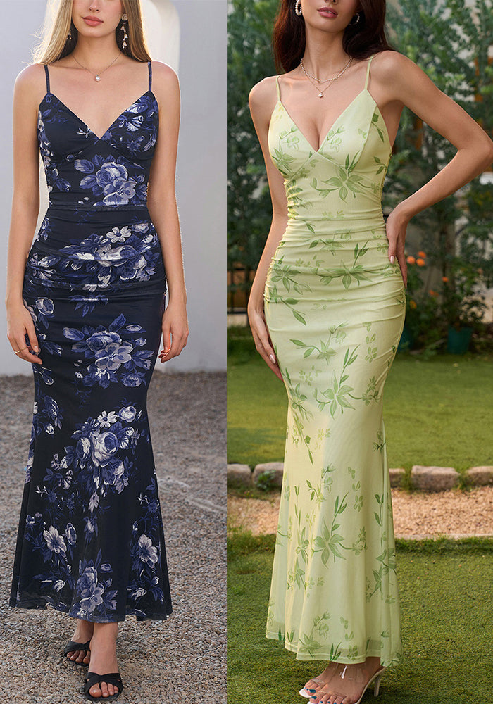 Sheer Mesh Strap Low Back Fishtail Gown