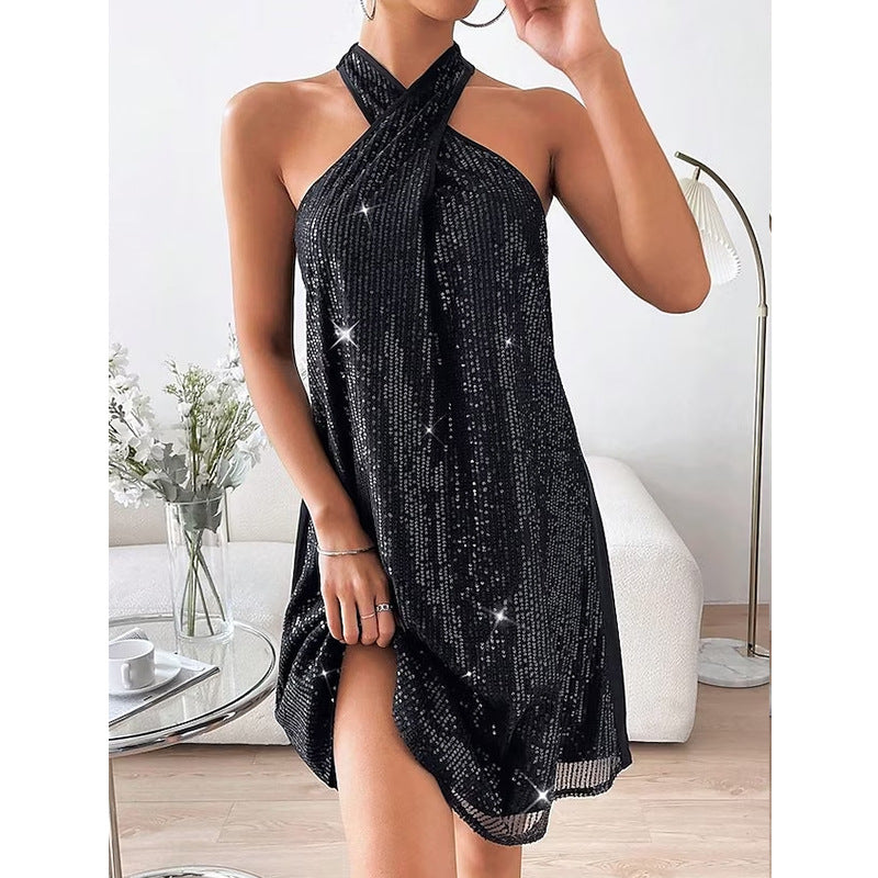 Women Halter Neck Off-Shoulder Sexy Sequin Dress 4