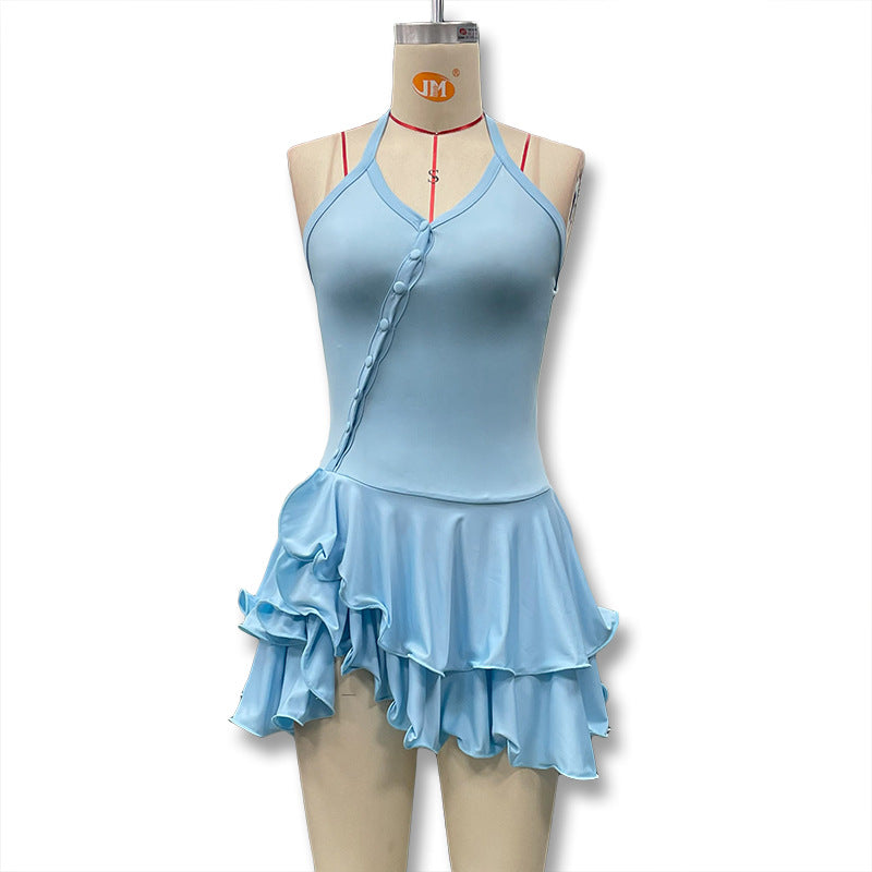 Summer Halter Neck Single-Button Ruffled Mini Dress 19