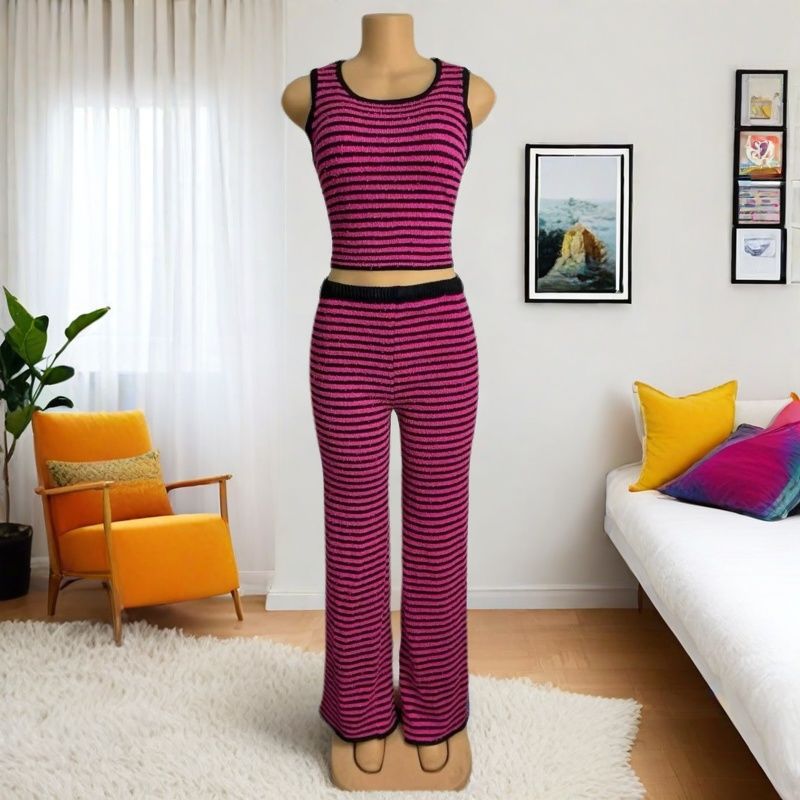 Women Striped Casual Sleeveless Top and Pant Two-Piece Set 3