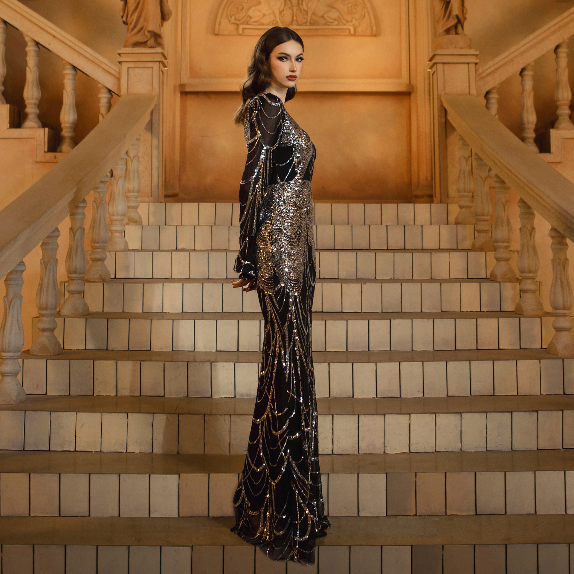 Summer Luxury Long-Sleeve Round Neck Sequin Fishtail Evening Gown