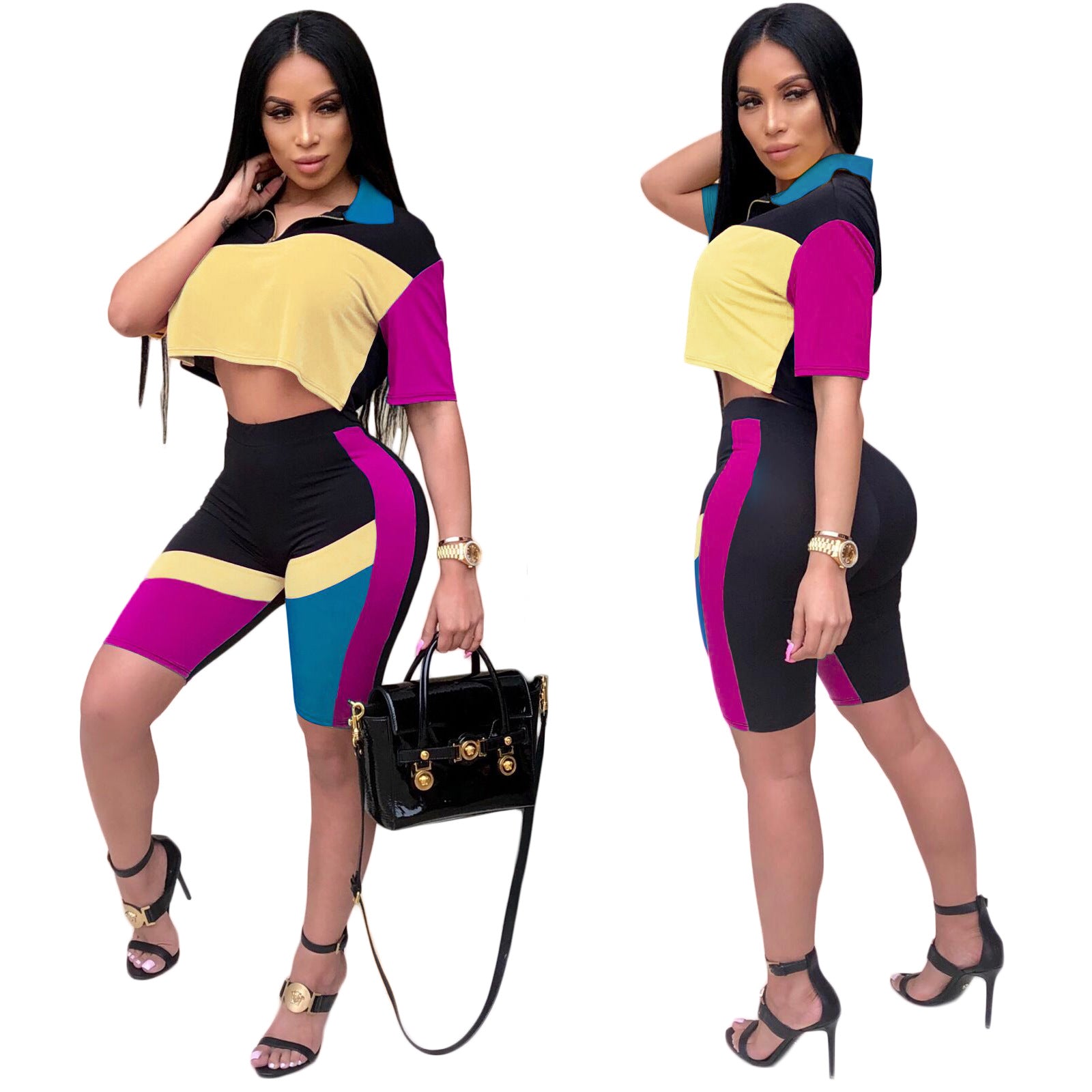 Fashion Contrast Color Casual Short Sleeve Knee-Length Two Piece Shorts Set 7