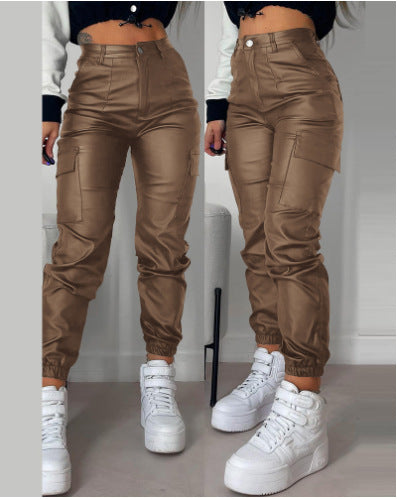 Women Zip Pleated Pockets Casual PU-Leather Pants 11