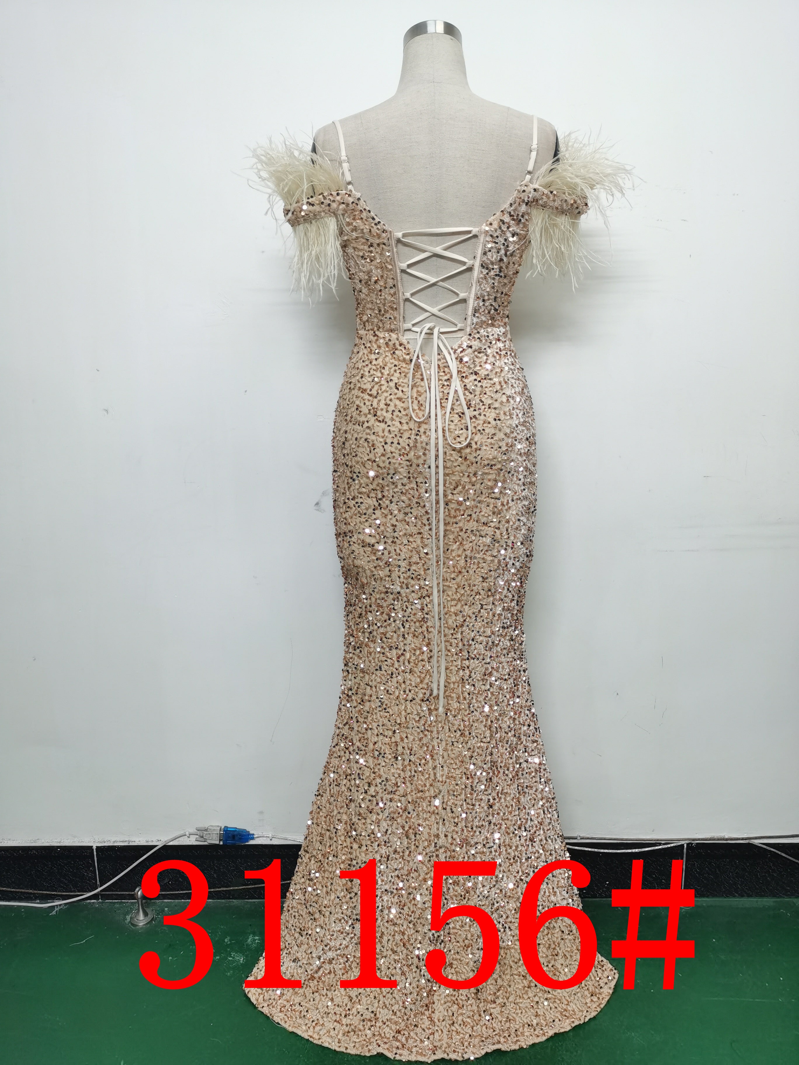Women Herringbone ostrich velvet sequined mermaid evening dress 27