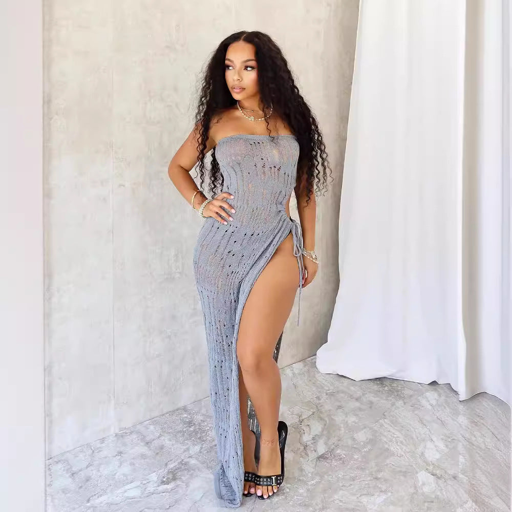 Women's Fashion Strapless Slim Waist Slit Knitting Dress 6