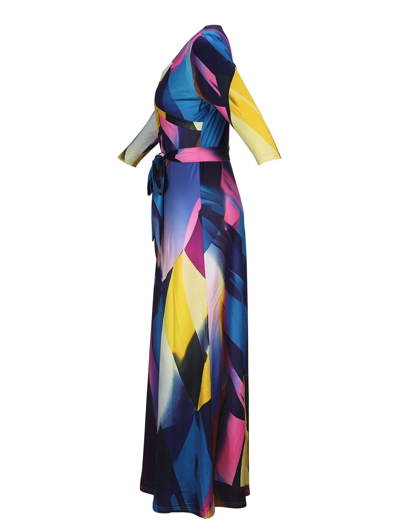 Spring & Autumn Women's Fashion Elegant Wrap V-Neck Half-Sleeve Print Belt Maxi Dress 72