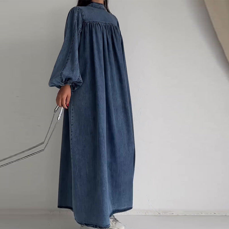 Women casual autumn round neck solid loose long sleeve denim dress 5