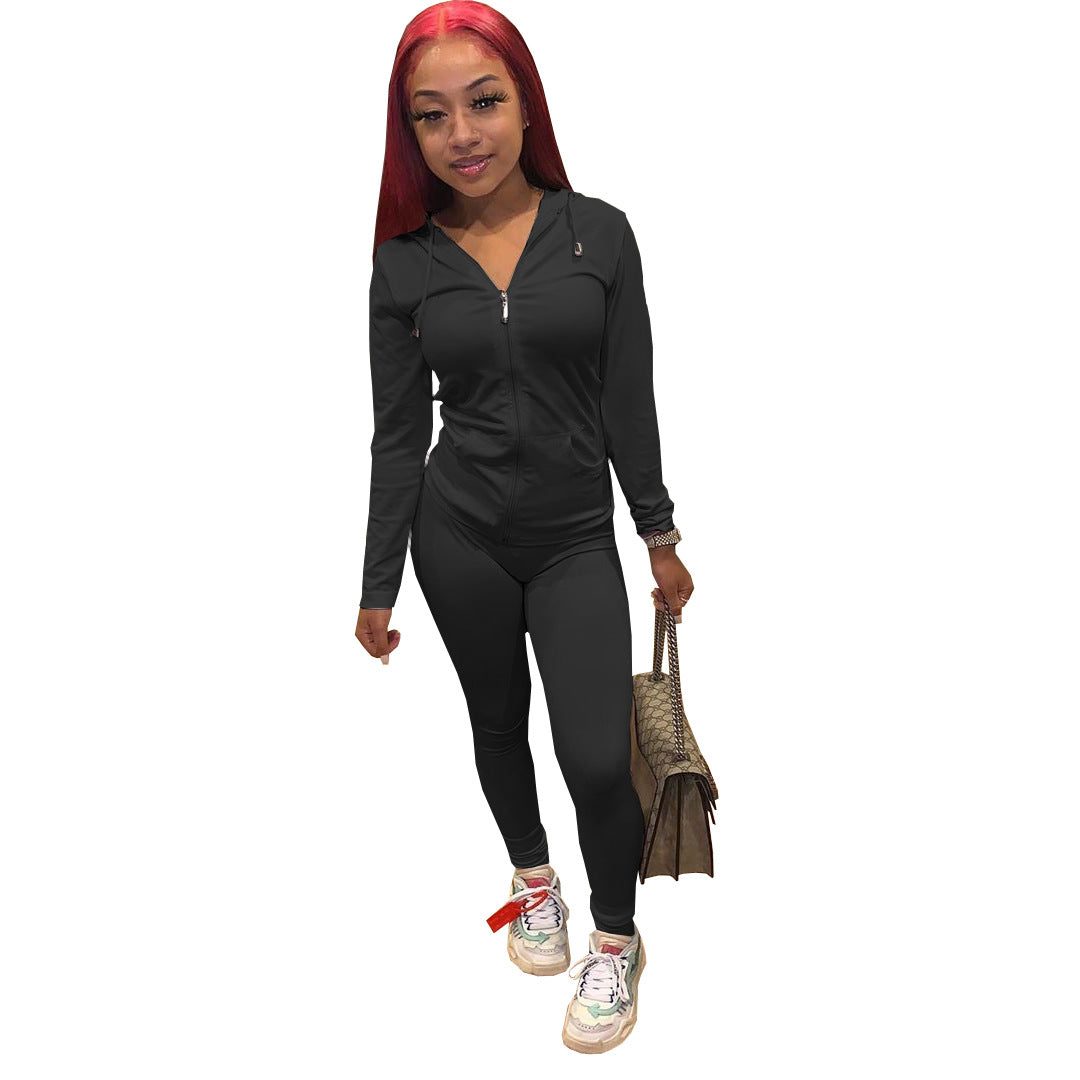 Women Summer Sports Hooded Full Sleeves Solid Pockets Regular Two Piece Pants Set 42