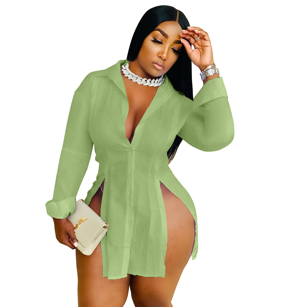 Women Spring Fashion Slit Turndown Collar Shirt 6