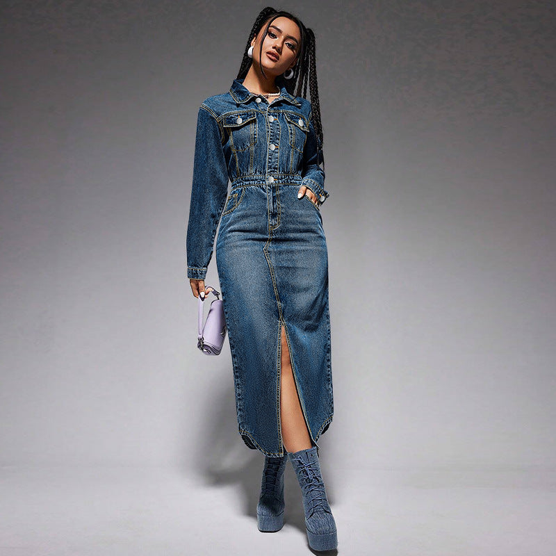 Women's Turndown Collar Button Long Sleeve Slit Denim Long Dress 3