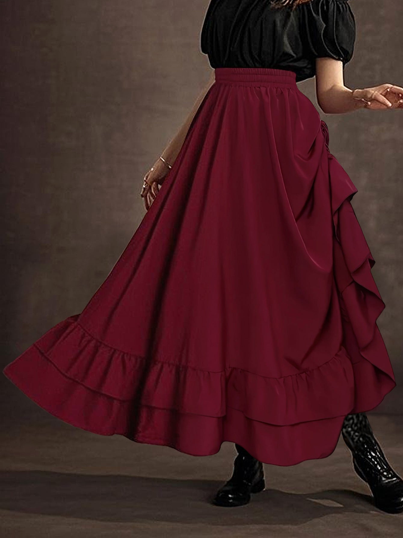 Women's Elegant Side Drawstring Pleated Long Skirt 3
