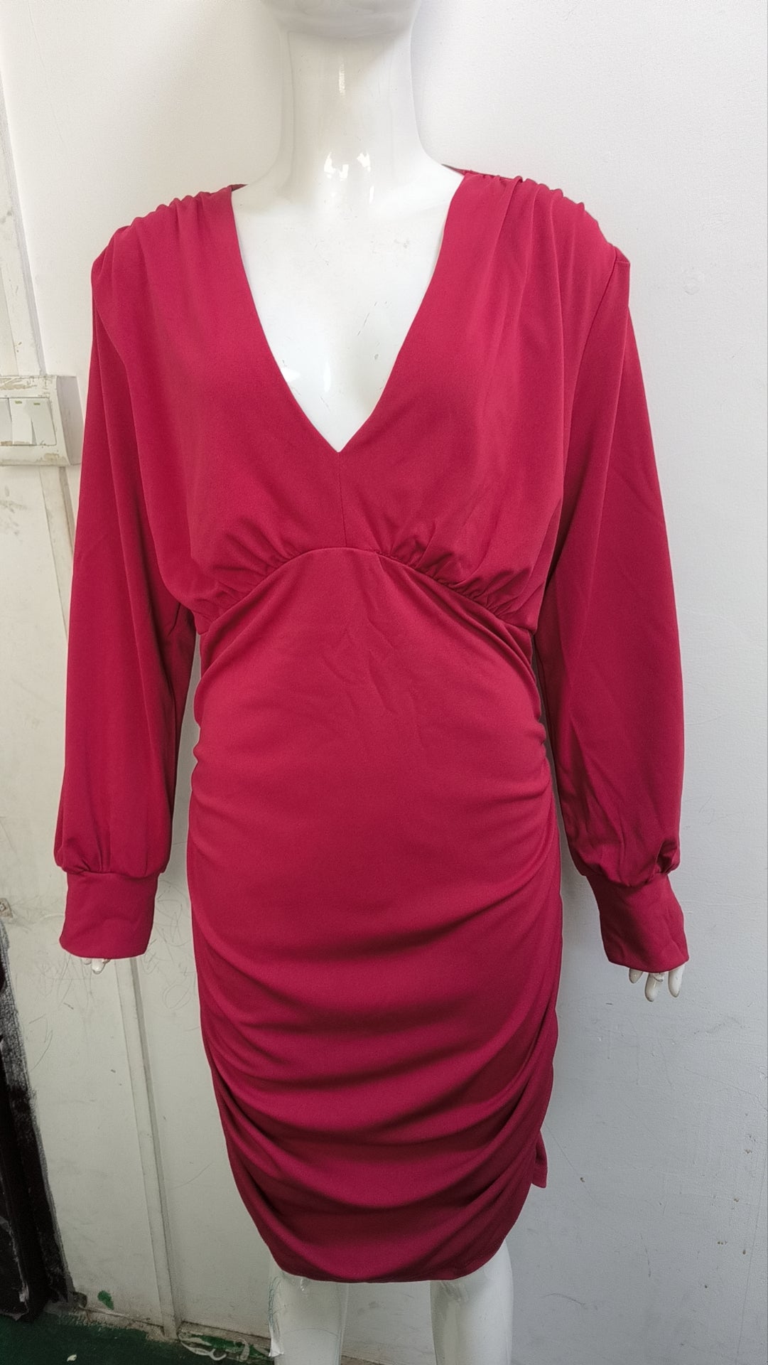 Autumn V-Neck Solid Color Long-Sleeved Mid-Length Bodycon Dress For Women 11