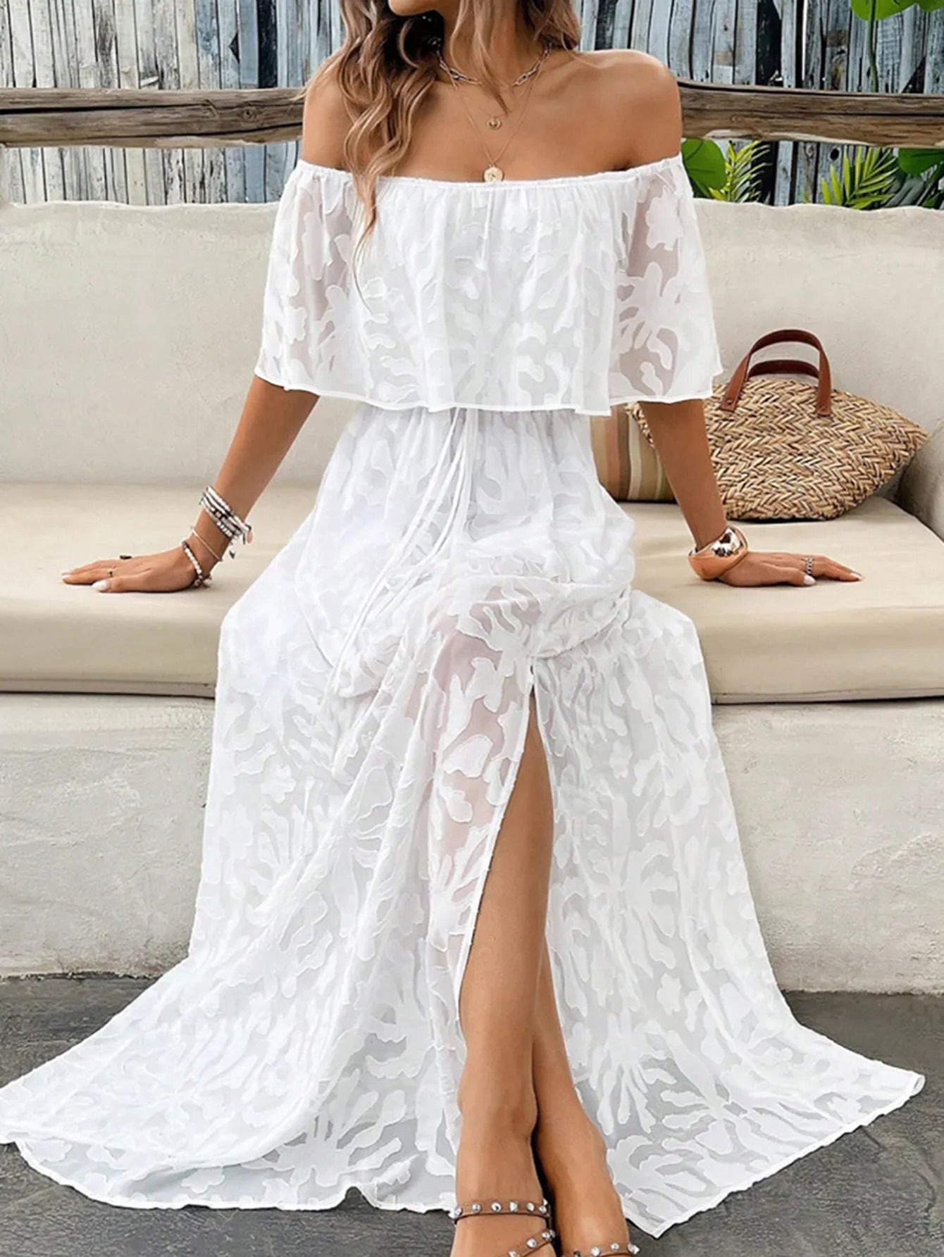 Elegant & Fashionable Off-Shoulder Jacquard Slit Maxi Dress 4