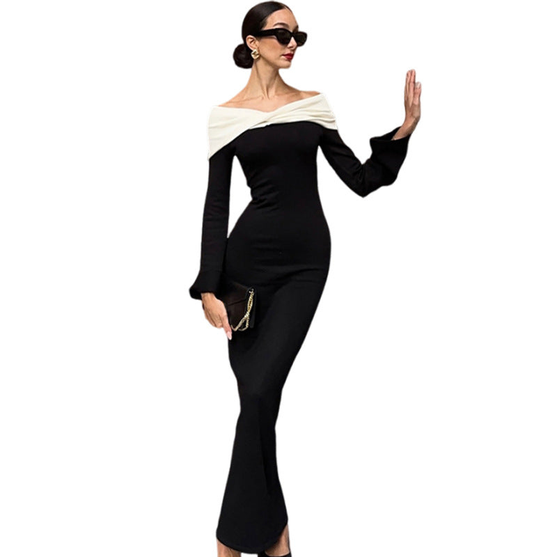 Autumn Fashion Chic Elegant Contrast Color Off Shoulder Long Sleeve High Waist Women Slim Dress 6