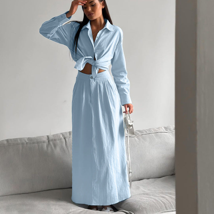 Women's Long Sleeve Shirt Skirt Two-Piece Set 4