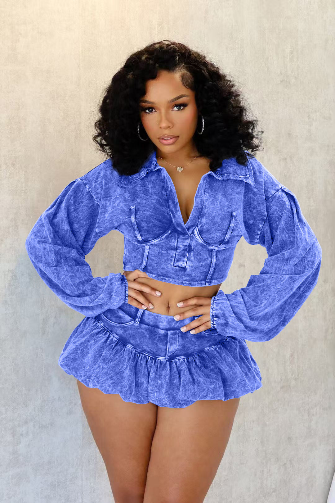 Fashionable women's clothing solid color distressed long sleeve top short skirt two piece set  (with underwear) 4