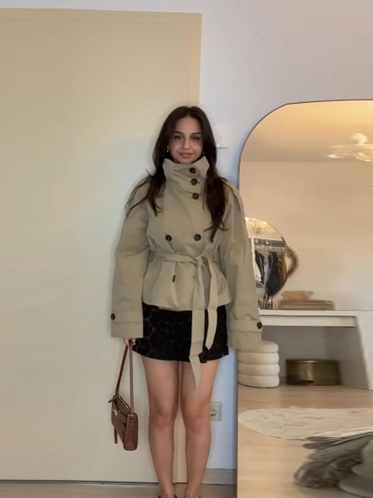 Women Fall Stand Collar Lace-Up Crop Jacket 8