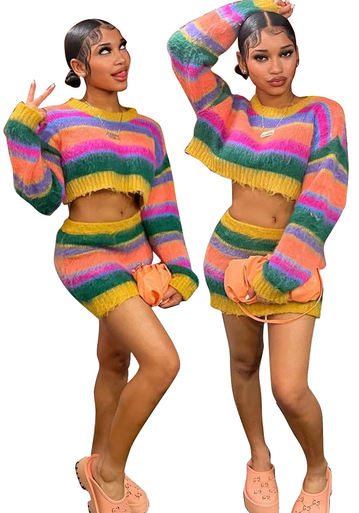 Women casual striped knitting two-piece top and skirt