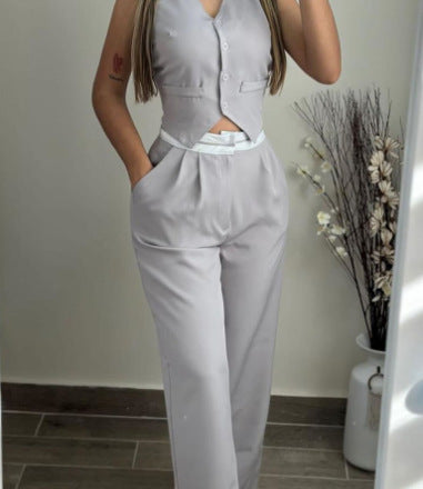 Women vest and Contrast color high waist wide leg pants Casual two-piece suit 4