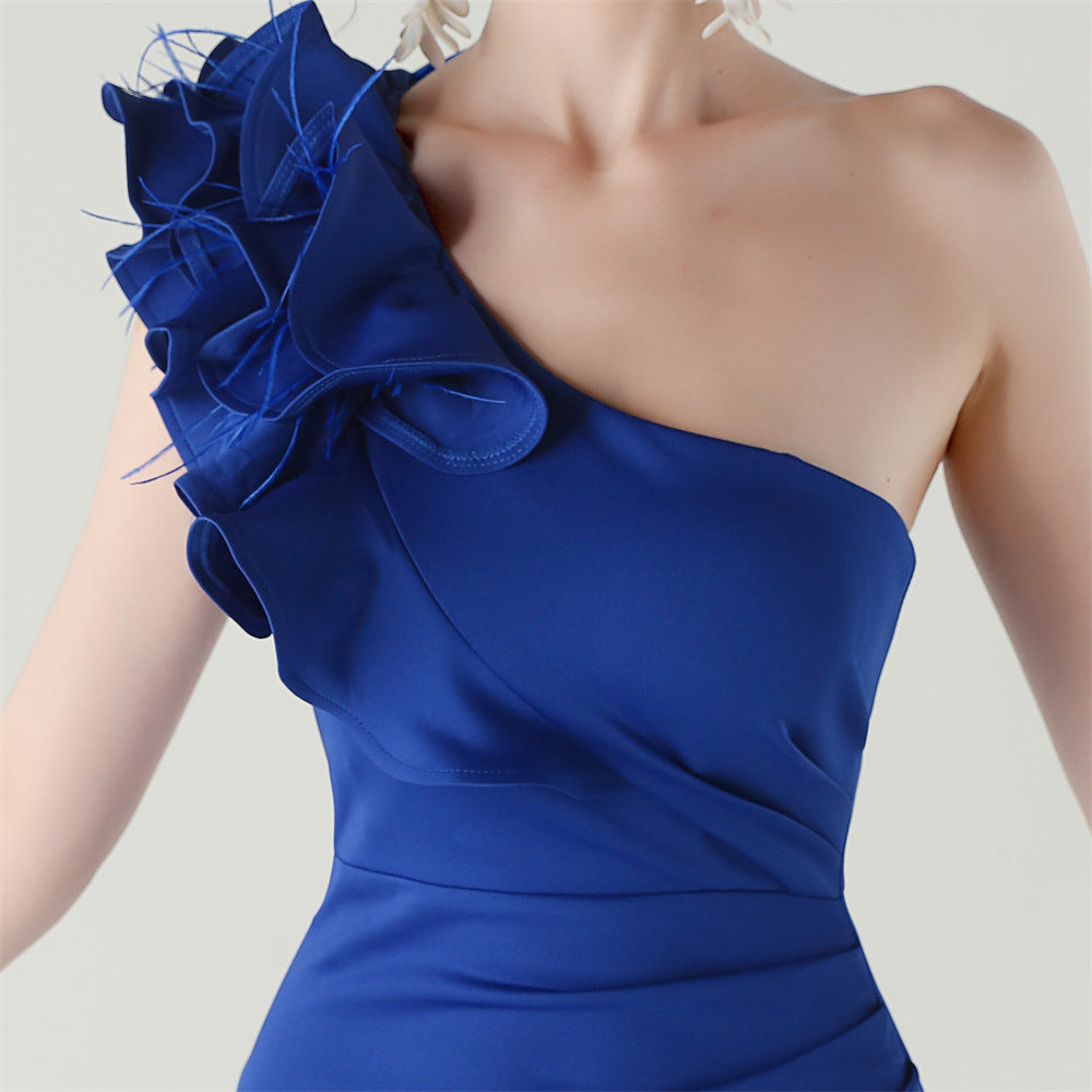 Women One-Shoulder Beaded Wool and Floral Satin Slit Sexy Evening Dress 63