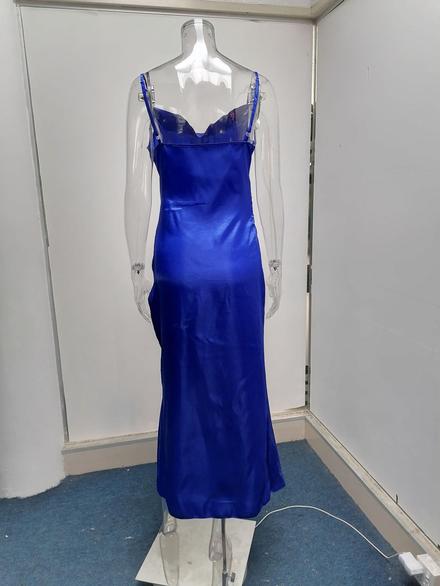 Sexy Low Cut Satin Slit Strap Dress Slim Fit Low Back Maxi Dress 31