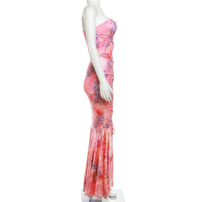 Women Strapless Printed Lace-Up Sexy Backless Dress 11