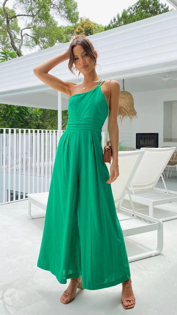 Women's Spring/Summer Solid Color Loose Wide Leg Linen Jumpsuit
