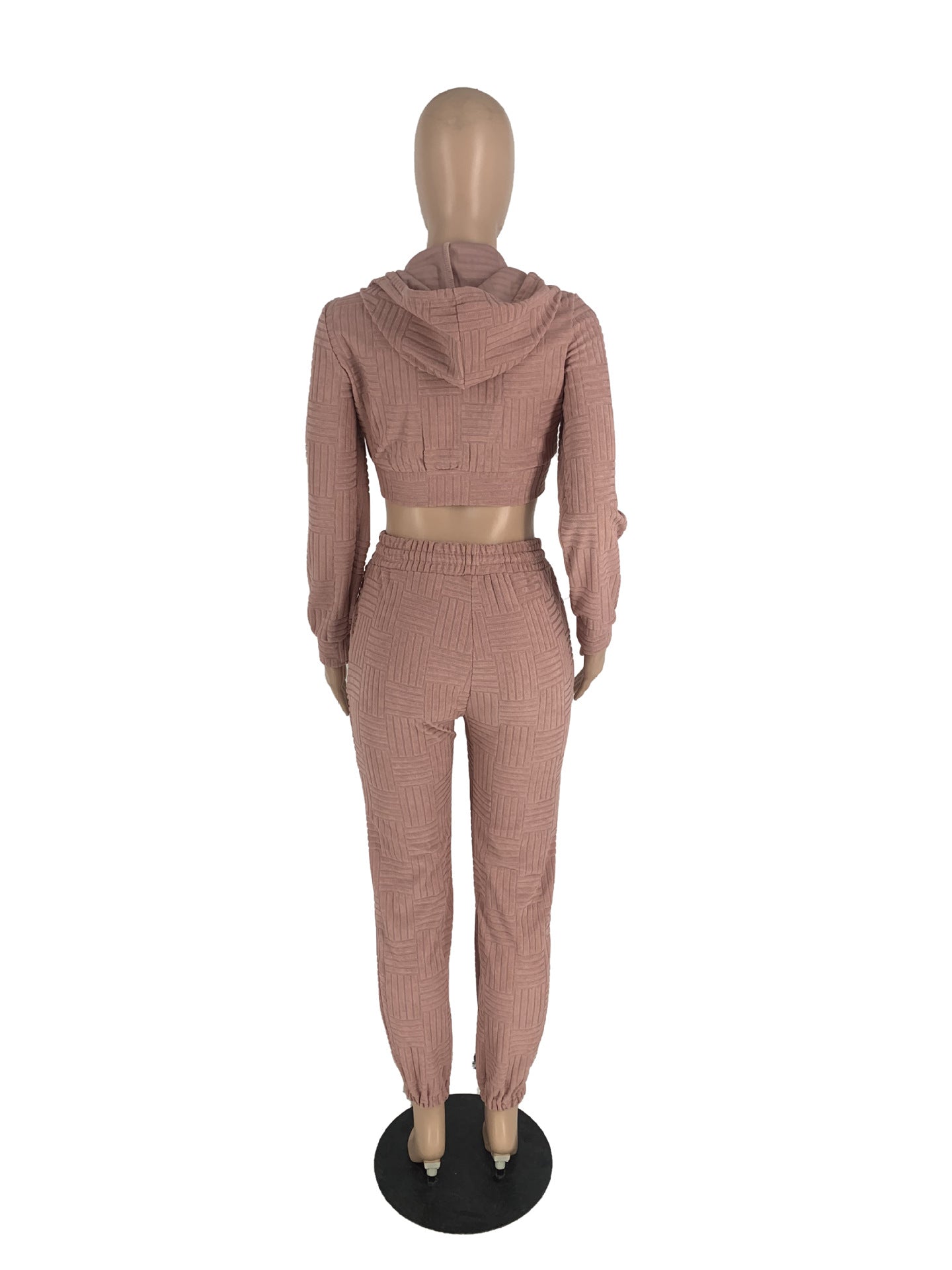 Solid Hooded Zipper Crop Two-Piece Pants Set 9