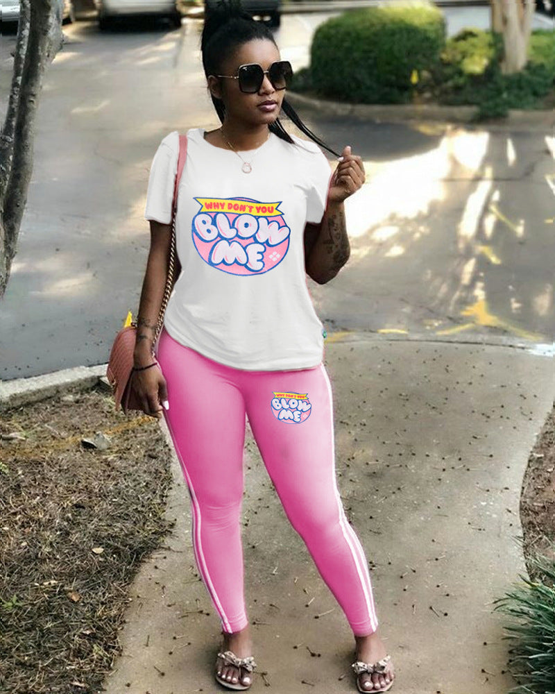 Women Casual Solid Print Short-Sleeved Top and Pants Two-Piece Set 6