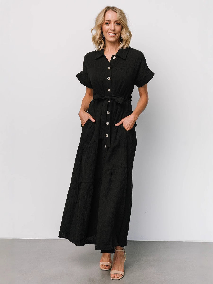 Women Solid Patchwork Bat Short Sleeve Shirt Dress