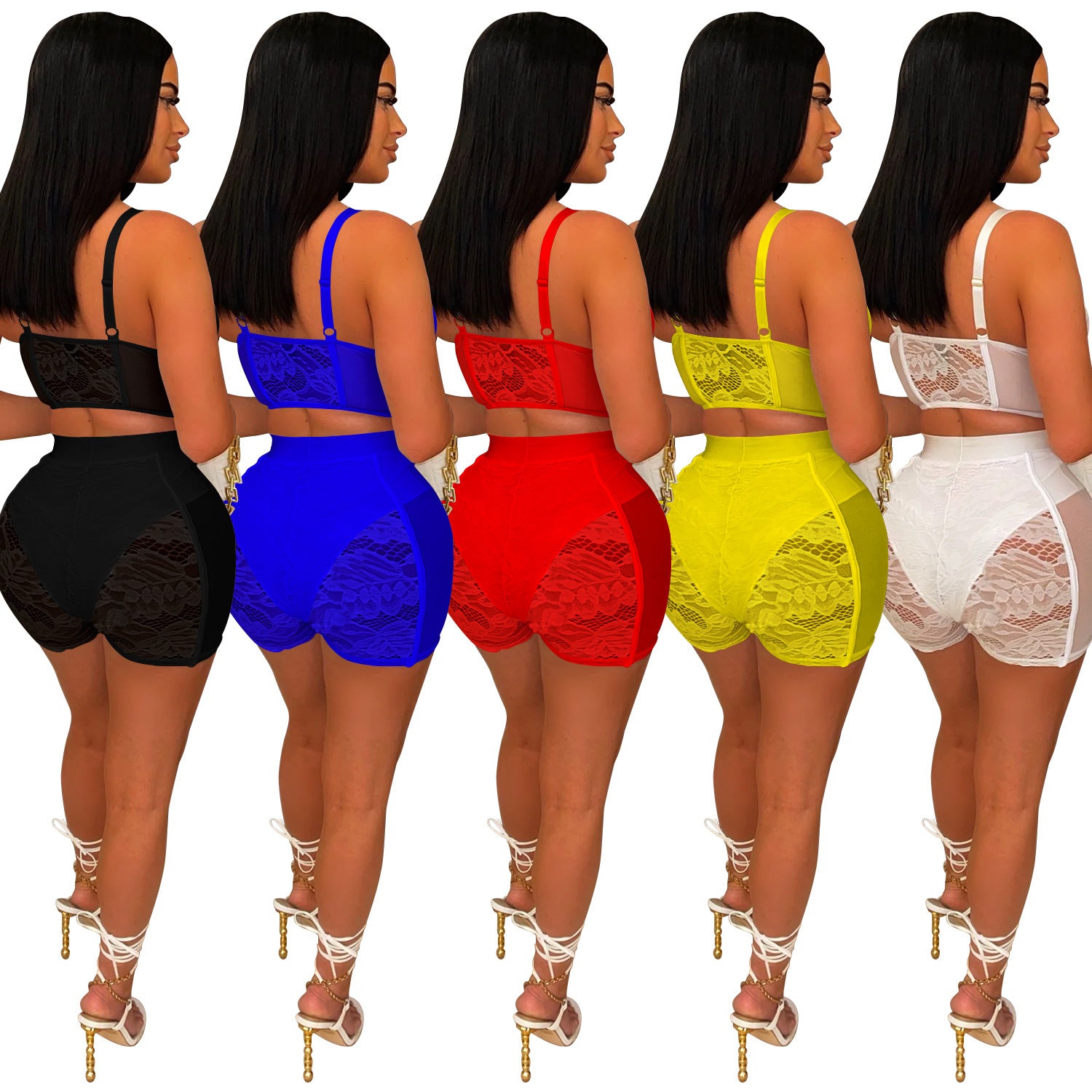 Women Solid Sexy Lace Sleeveless Top and Shorts Two-piece Set 10