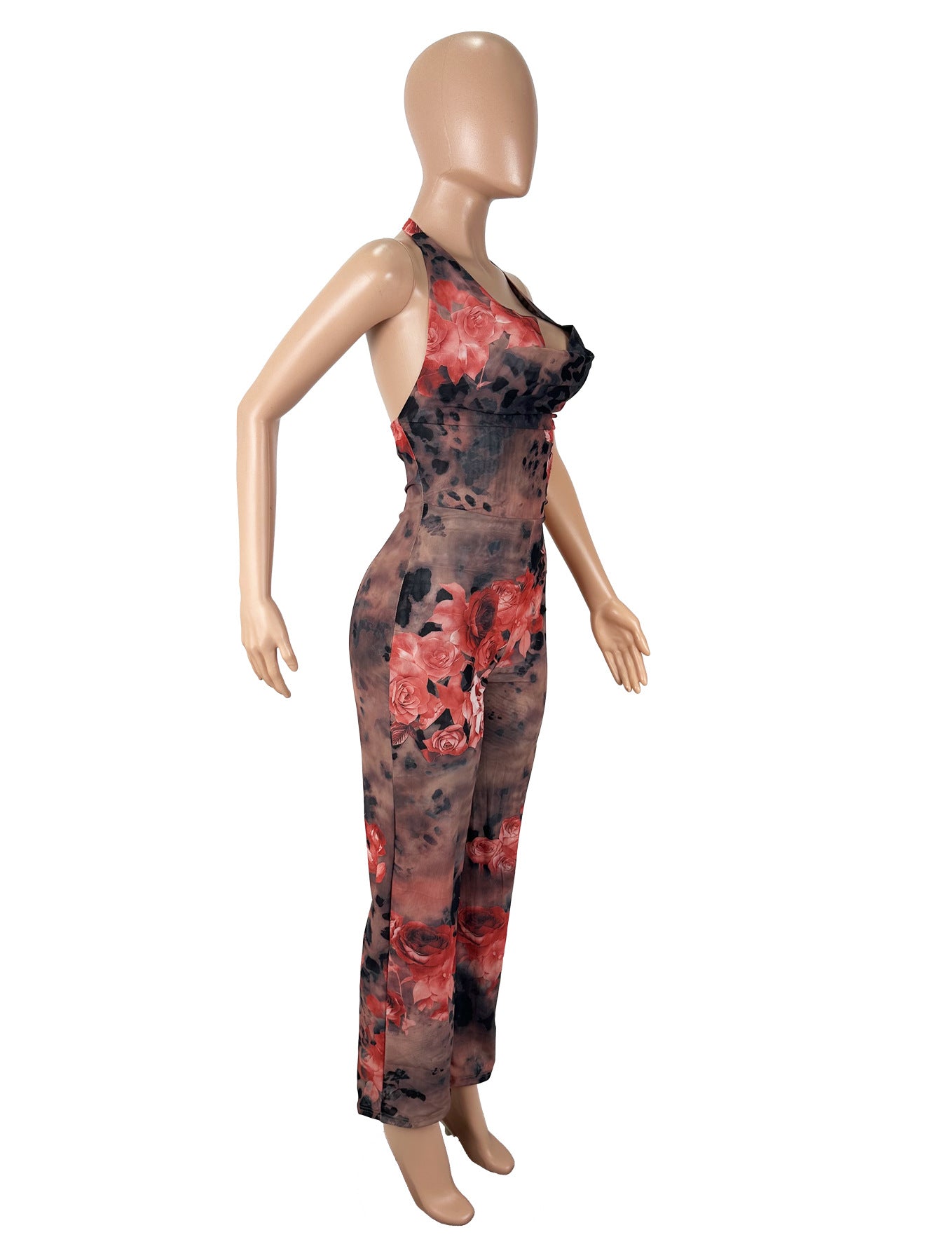 Women's Sexy Leopard Floral Print Halter Neck Jumpsuit 9