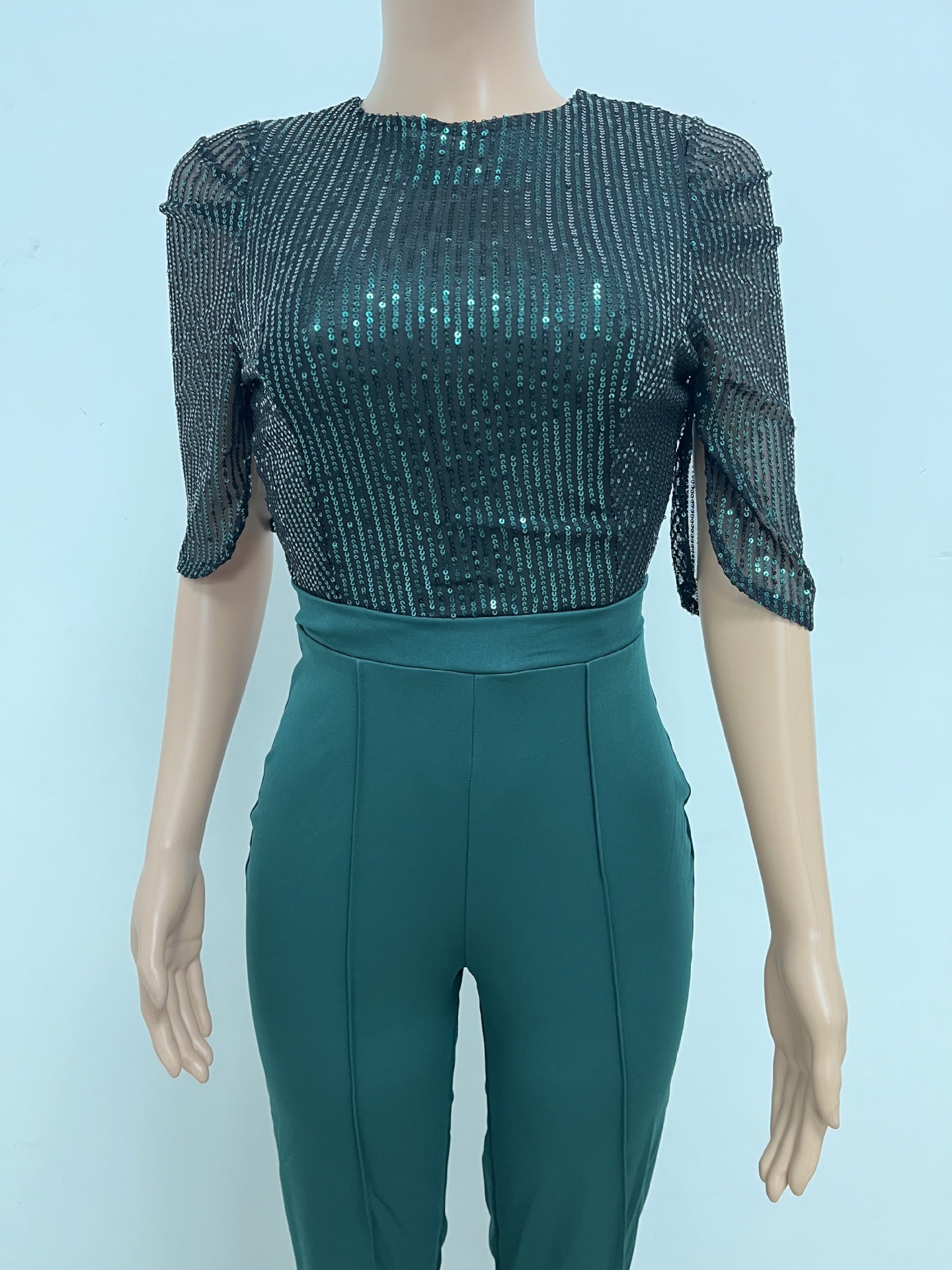 Women's Fashion Sequins Half Sleeve Wide-Leg Chic Ladies Jumpsuit 29