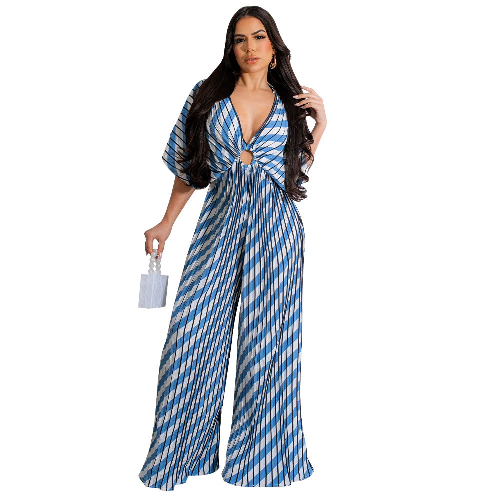 Fashion Women's V-Neck Print Pleated Casual Jumpsuit 13