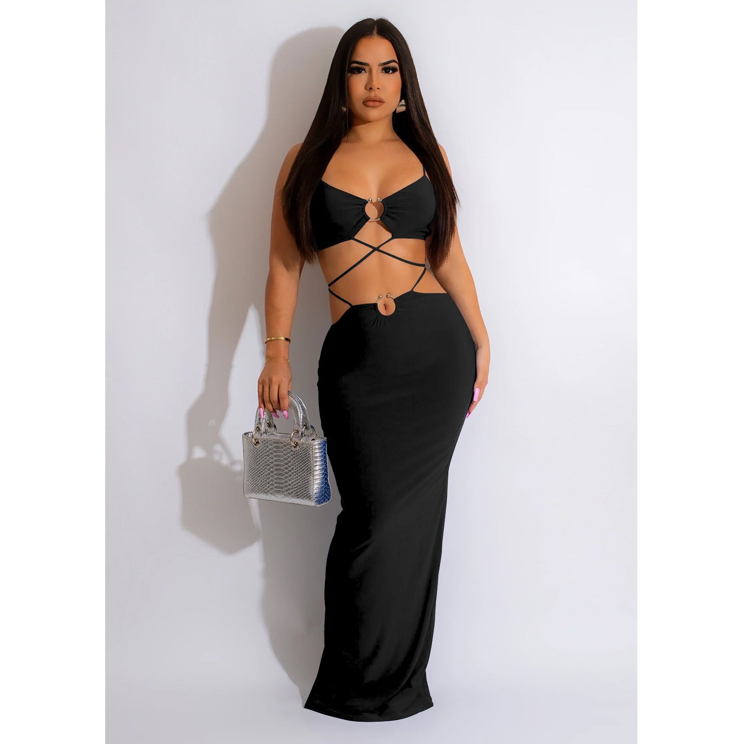 Women's Fashion Solid Color Lace-Up Sleeveless Straps Maxi Dress