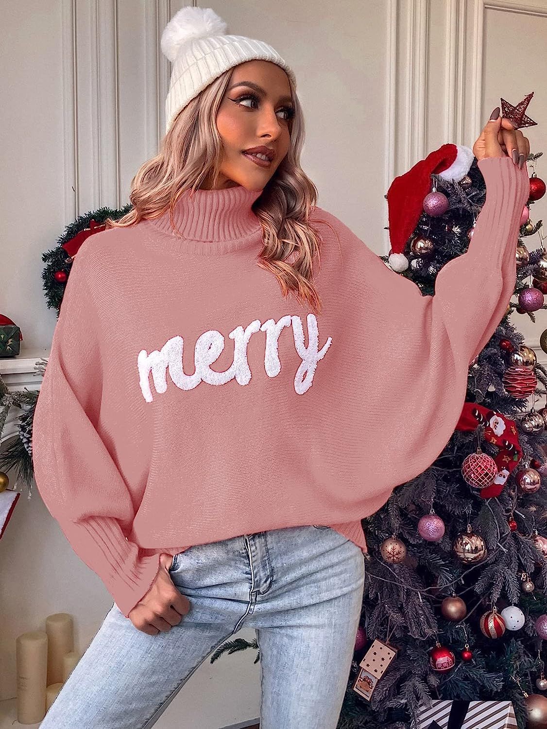 Christmas Turtleneck Women's Autumn And Winter Loose Bat Sleeves Outdoor Wear Knitting Shirt Sweatwear Tops For Women 4