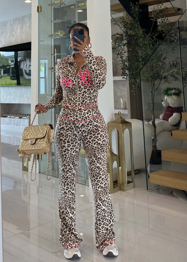 Women Leopard Print Contrast Lettering Zippered Top and Pants Two-Piece Set