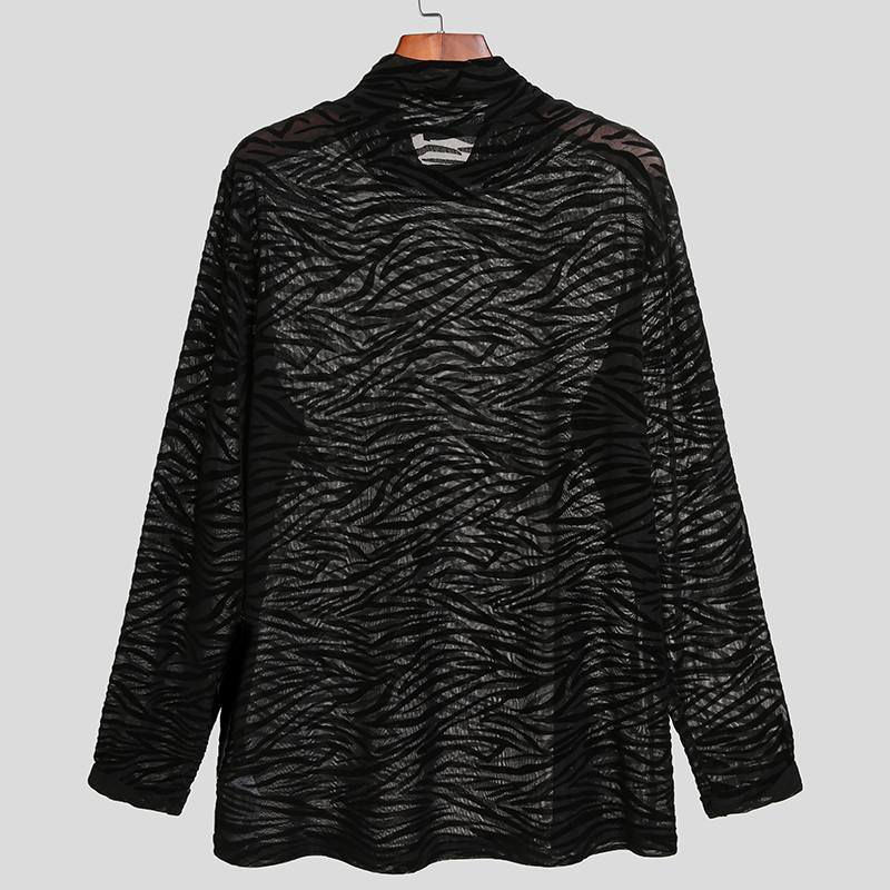 Autumn Zebra Pattern Stretch Shirt Men's See-Through Tight Fitting High Collar Long Sleeve T-Shirt 4