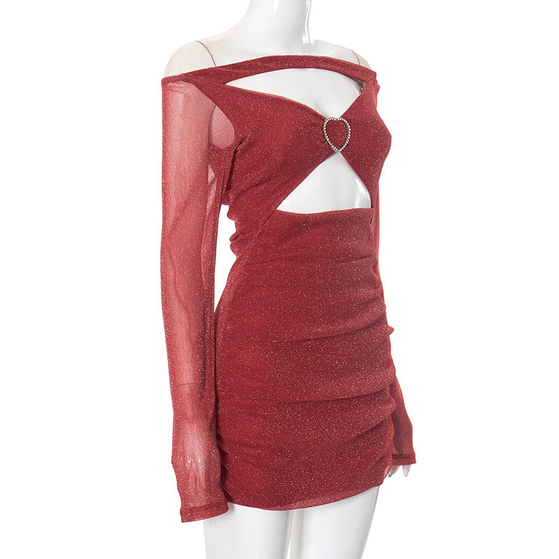 Women's Off Shoulder Mesh Patchwork Hollow Long Sleeve Sexy Bodycon Dress 6