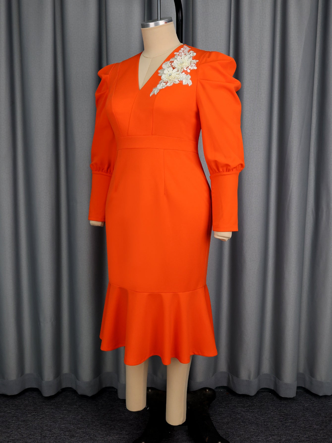 Plus-Size Women Orange V-Neck Embroidered Flower Puff Sleeve Church Wedding Bodycon Fishtail Dress 8