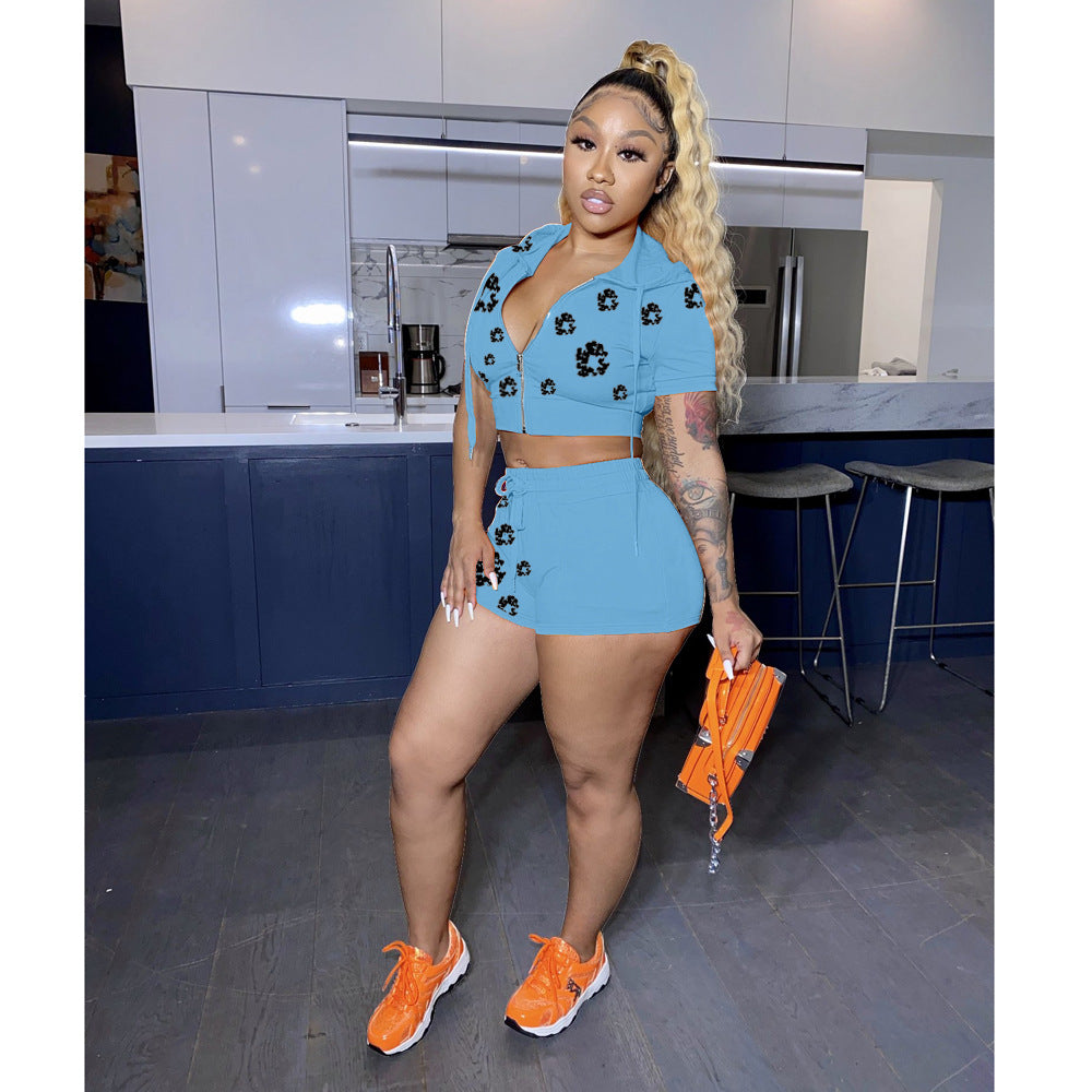 Women's Summer Printed Zipper Hooded Short-Sleeved Top Shorts Two Piece Set 10