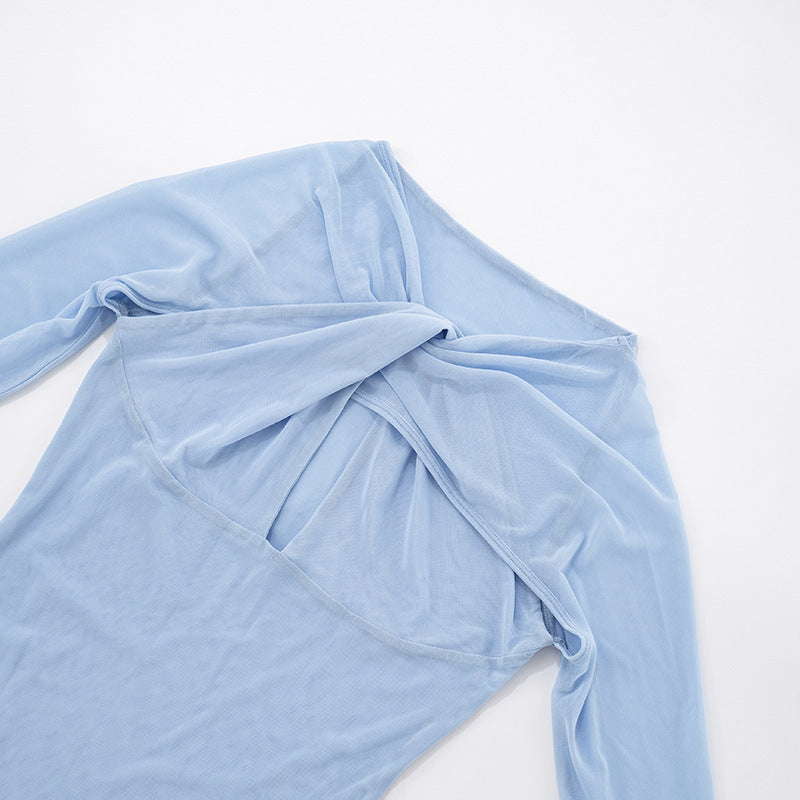 Women's Fashion Mesh Cross Cut-Out Long-Sleeve Fuzzy Sleeve Slim Bodycon Short Dress 14